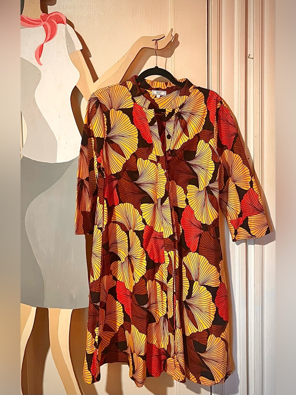 Bold Ginko Print ZURI Dress in Mustard, Red & Brown
